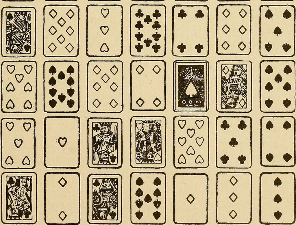 An illustration from The mystic test book; or, The magic of the cards. Giving the mystic meaning of these wonderful and ancient emblems in their relationship to the heavenly bodies, under all conditions; with rules and processes for reading or delineating the emblems, 1919, leaf 194