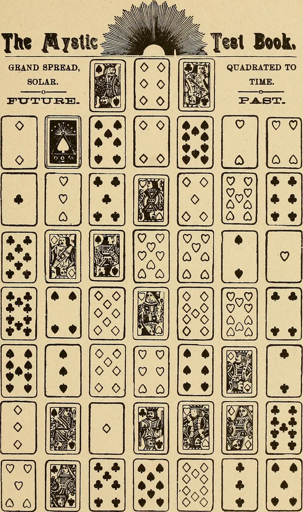 An illustration from The mystic test book; or, The magic of the cards. Giving the mystic meaning of these wonderful and ancient emblems in their relationship to the heavenly bodies, under all conditions; with rules and processes for reading or delineating the emblems, 1919, leaf 202