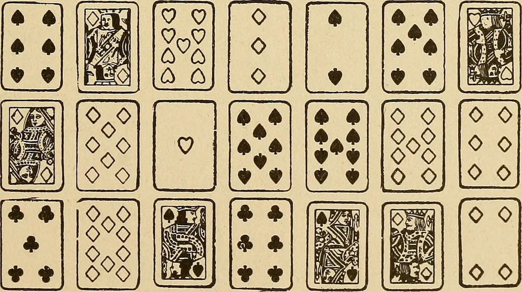 An illustration from The mystic test book; or, The magic of the cards. Giving the mystic meaning of these wonderful and ancient emblems in their relationship to the heavenly bodies, under all conditions; with rules and processes for reading or delineating the emblems, 1919, leaf 204