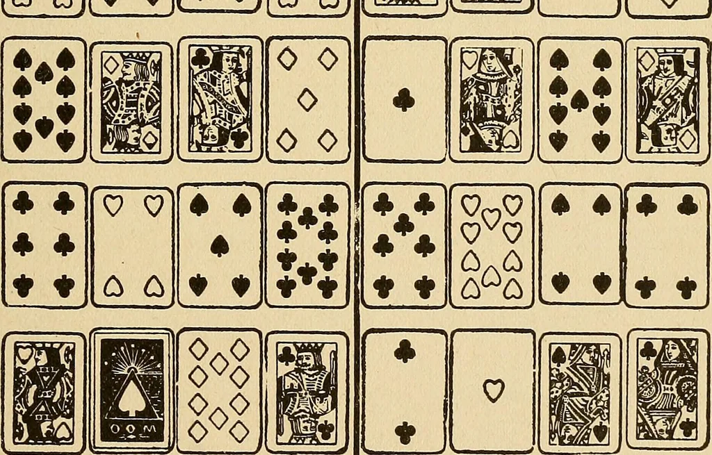 An illustration from The mystic test book; or, The magic of the cards. Giving the mystic meaning of these wonderful and ancient emblems in their relationship to the heavenly bodies, under all conditions; with rules and processes for reading or delineating the emblems, 1919, leaf 210