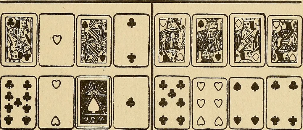 An illustration from The mystic test book; or, The magic of the cards. Giving the mystic meaning of these wonderful and ancient emblems in their relationship to the heavenly bodies, under all conditions; with rules and processes for reading or delineating the emblems, 1919, leaf 212