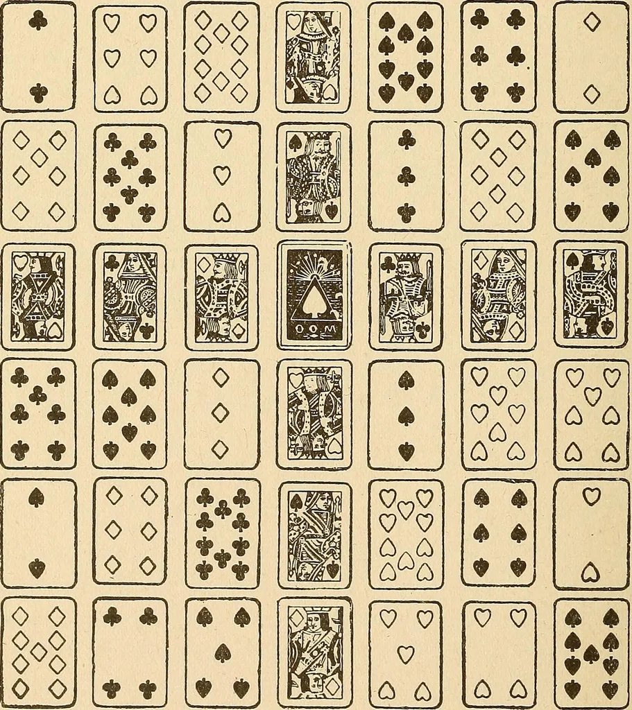 An illustration from The mystic test book; or, The magic of the cards. Giving the mystic meaning of these wonderful and ancient emblems in their relationship to the heavenly bodies, under all conditions; with rules and processes for reading or delineating the emblems, 1919, leaf 215