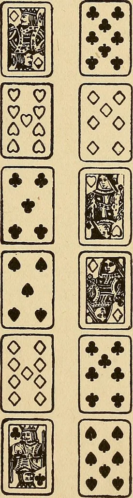 An illustration from The mystic test book; or, The magic of the cards. Giving the mystic meaning of these wonderful and ancient emblems in their relationship to the heavenly bodies, under all conditions; with rules and processes for reading or delineating the emblems, 1919, leaf 236