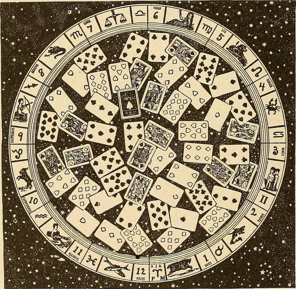 An illustration from The mystic test book; or, The magic of the cards. Giving the mystic meaning of these wonderful and ancient emblems in their relationship to the heavenly bodies, under all conditions; with rules and processes for reading or delineating the emblems, 1919, leaf 293