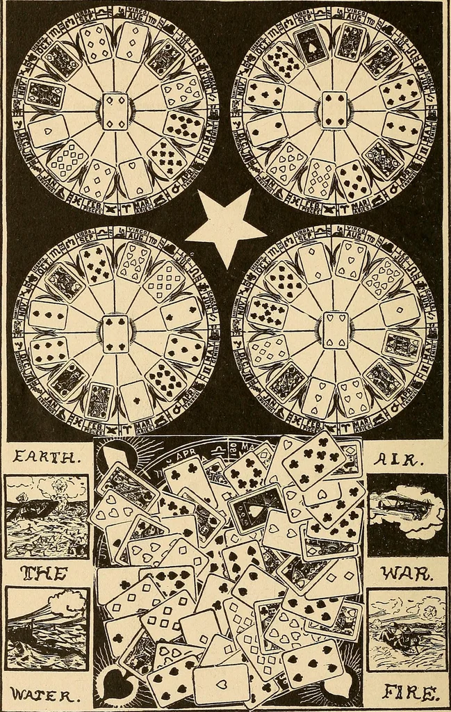 An illustration from The mystic test book; or, The magic of the cards. Giving the mystic meaning of these wonderful and ancient emblems in their relationship to the heavenly bodies, under all conditions; with rules and processes for reading or delineating the emblems, 1919, leaf 339