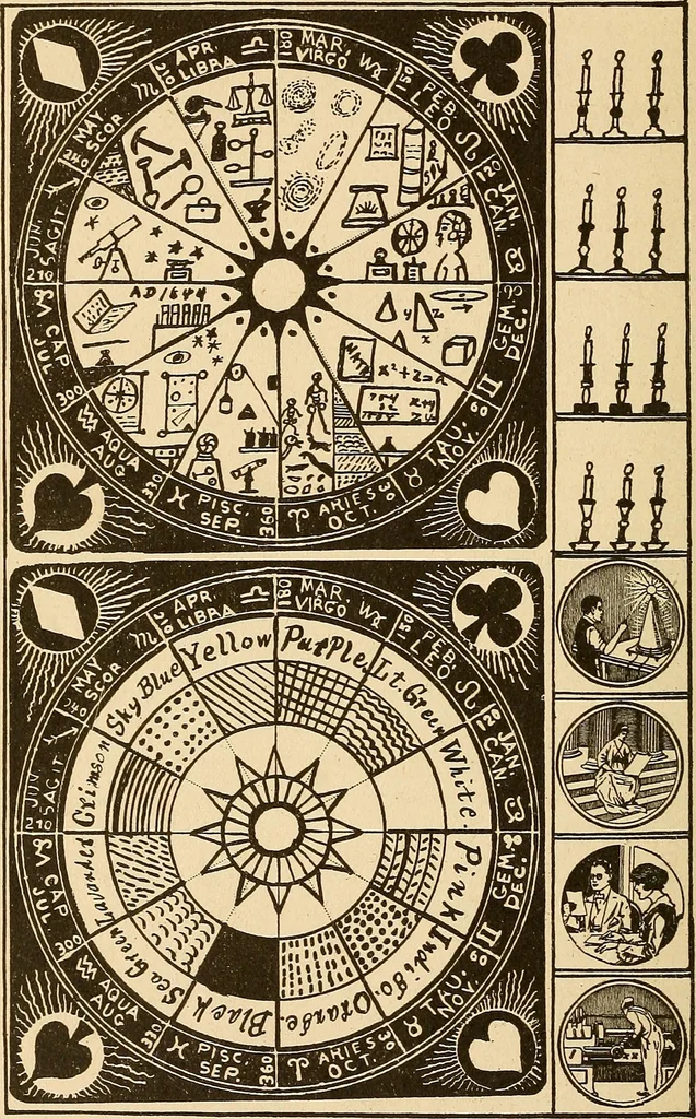 An illustration from The mystic test book; or, The magic of the cards. Giving the mystic meaning of these wonderful and ancient emblems in their relationship to the heavenly bodies, under all conditions; with rules and processes for reading or delineating the emblems, 1919, leaf 341