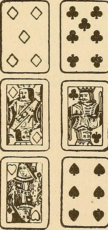 An illustration from The mystic test book; or, The magic of the cards. Giving the mystic meaning of these wonderful and ancient emblems in their relationship to the heavenly bodies, under all conditions; with rules and processes for reading or delineating the emblems, 1919, leaf 61