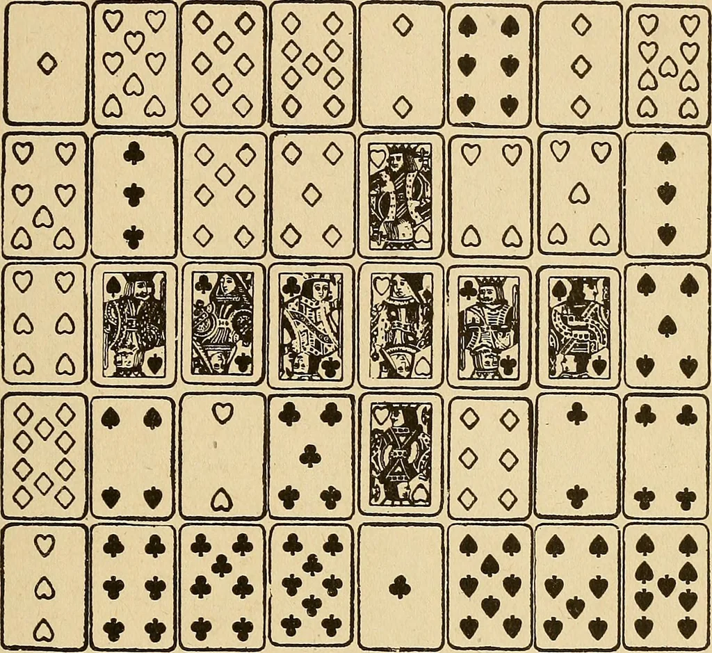 An illustration from The mystic test book; or, The magic of the cards. Giving the mystic meaning of these wonderful and ancient emblems in their relationship to the heavenly bodies, under all conditions; with rules and processes for reading or delineating the emblems, 1919, leaf 68