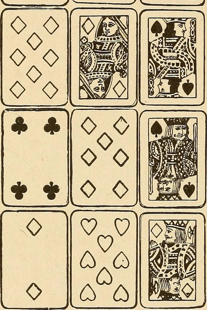 An illustration from The mystic test book; or, The magic of the cards. Giving the mystic meaning of these wonderful and ancient emblems in their relationship to the heavenly bodies, under all conditions; with rules and processes for reading or delineating the emblems, 1919, leaf 69