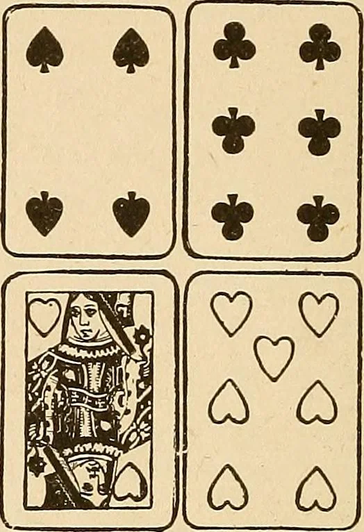 An illustration from The mystic test book; or, The magic of the cards. Giving the mystic meaning of these wonderful and ancient emblems in their relationship to the heavenly bodies, under all conditions; with rules and processes for reading or delineating the emblems, 1919, leaf 69