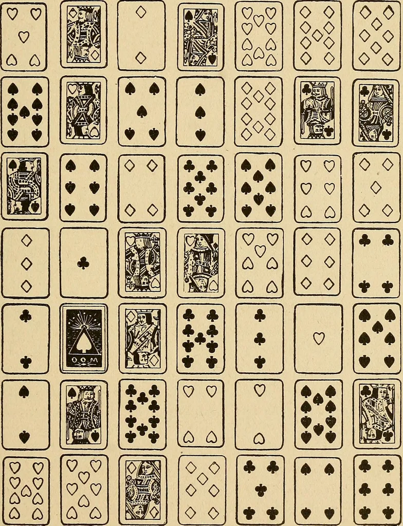 An illustration from The mystic test book; or, The magic of the cards. Giving the mystic meaning of these wonderful and ancient emblems in their relationship to the heavenly bodies, under all conditions; with rules and processes for reading or delineating the emblems, 1919, leaf 84