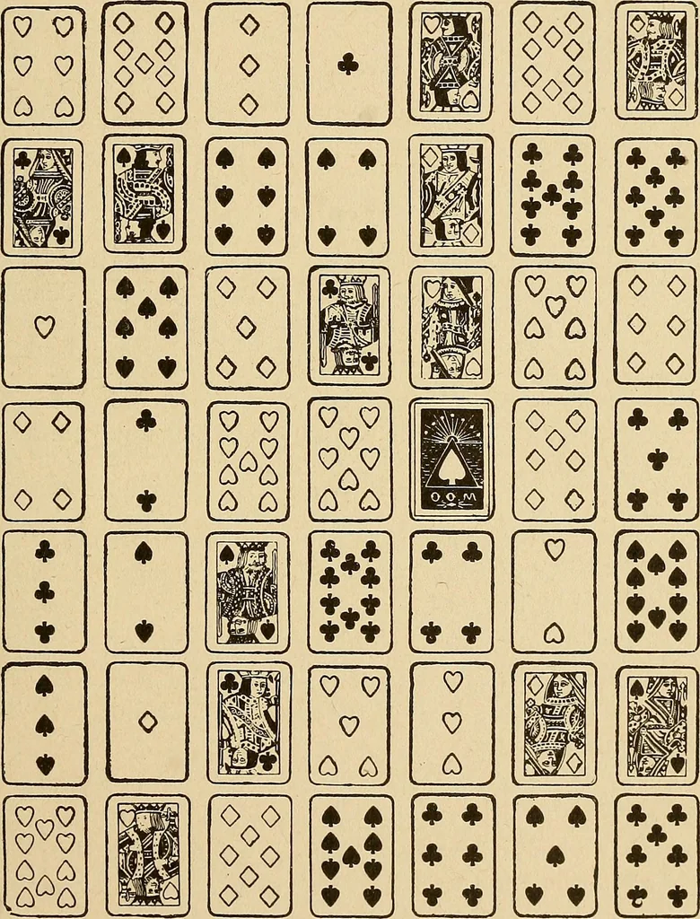 An illustration from The mystic test book; or, The magic of the cards. Giving the mystic meaning of these wonderful and ancient emblems in their relationship to the heavenly bodies, under all conditions; with rules and processes for reading or delineating the emblems, 1919, leaf 86