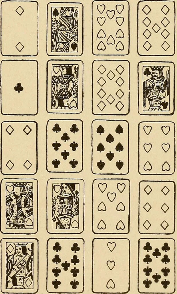 An illustration from The mystic test book; or, The magic of the cards. Giving the mystic meaning of these wonderful and ancient emblems in their relationship to the heavenly bodies, under all conditions; with rules and processes for reading or delineating the emblems, 1919, leaf 94