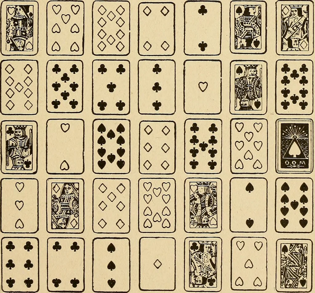 An illustration from The mystic test book; or, The magic of the cards. Giving the mystic meaning of these wonderful and ancient emblems in their relationship to the heavenly bodies, under all conditions; with rules and processes for reading or delineating the emblems, 1919, leaf 96
