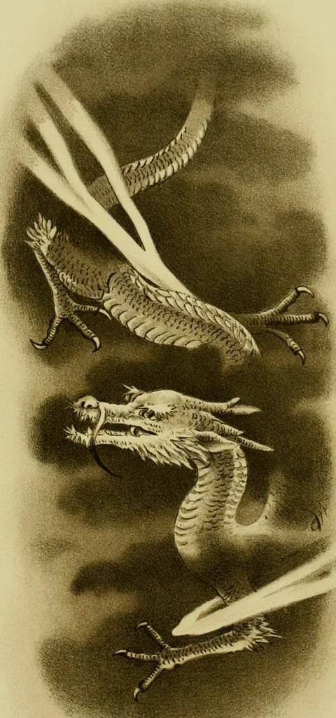 An illustration from Mythological Japan : the symbolisms of mythology in relation to Japanese art, with illustrations drawn in Japan, by native artists, 1902, leaf 52