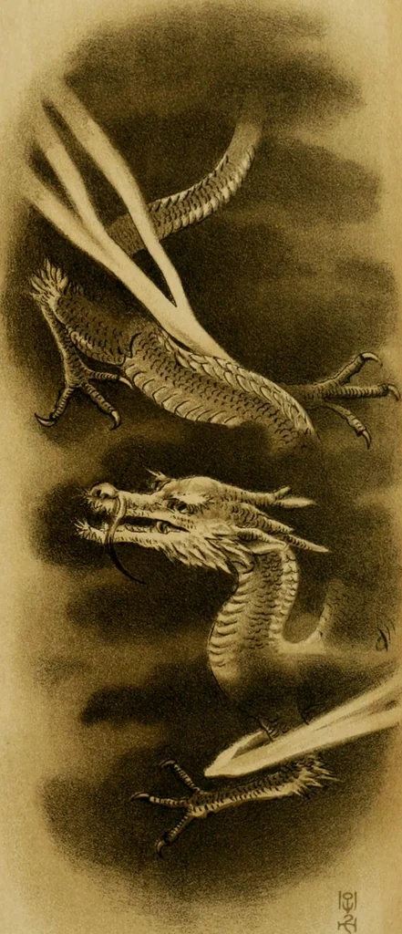 An illustration from Mythological Japan : the symbolisms of mythology in relation to Japanese art, with illustrations drawn in Japan, by native artists, 1902, leaf 54