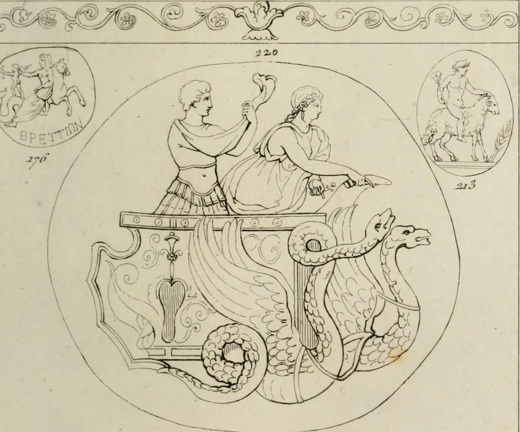 An illustration from Mythologische Gallerie; eine Sammlung von mehr als 750 antiken Denkmälern, Statuen, geschnittenen Steinen, Münzen und Gemälden, auf den 191 Original-Kupferblättern der französischen Ausg, 1848, leaf 108