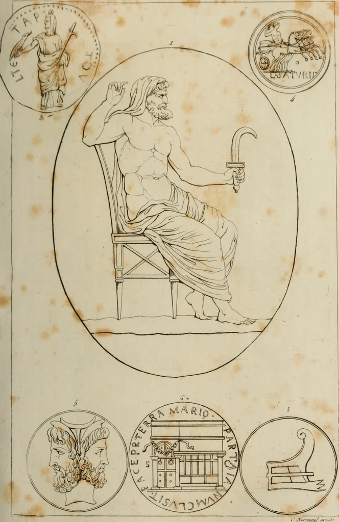 An illustration from Mythologische Gallerie; eine Sammlung von mehr als 750 antiken Denkmälern, Statuen, geschnittenen Steinen, Münzen und Gemälden, auf den 191 Original-Kupferblättern der französischen Ausg, 1848, leaf 14