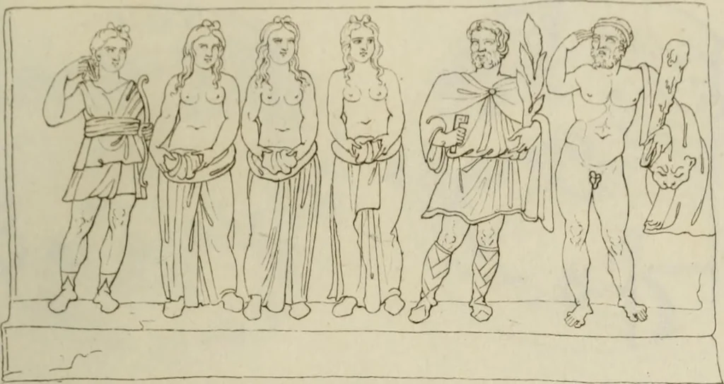 An illustration from Mythologische Gallerie; eine Sammlung von mehr als 750 antiken Denkmälern, Statuen, geschnittenen Steinen, Münzen und Gemälden, auf den 191 Original-Kupferblättern der französischen Ausg, 1848, leaf 174