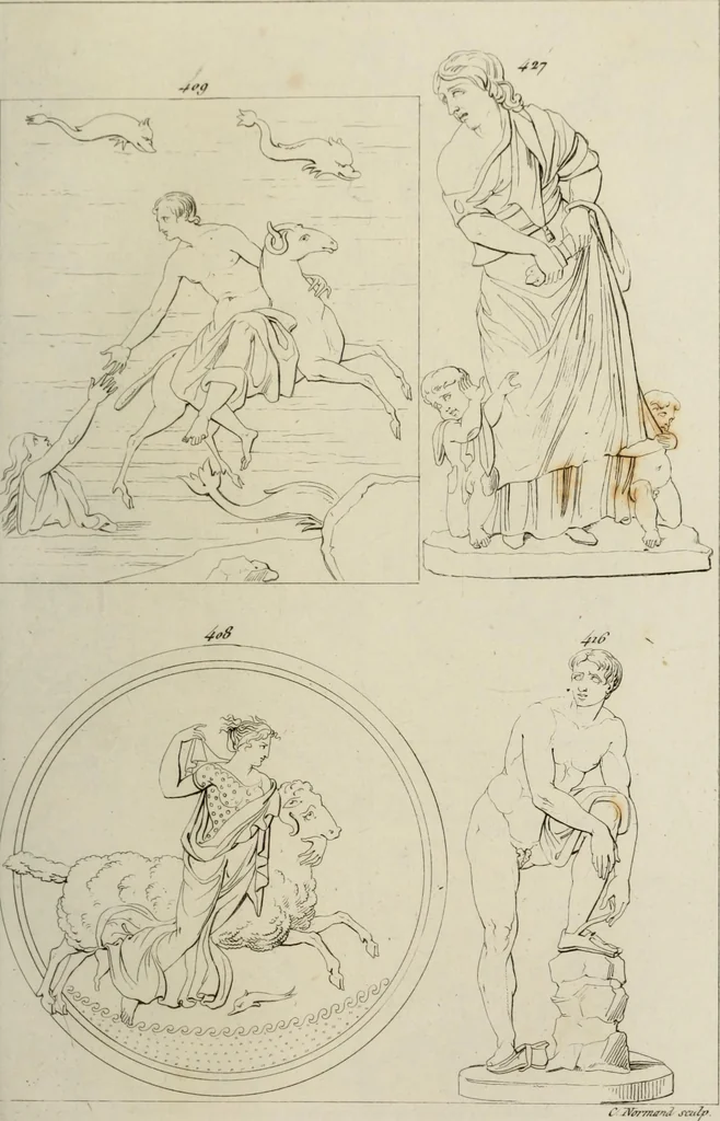 An illustration from Mythologische Gallerie; eine Sammlung von mehr als 750 antiken Denkmälern, Statuen, geschnittenen Steinen, Münzen und Gemälden, auf den 191 Original-Kupferblättern der französischen Ausg, 1848, leaf 214