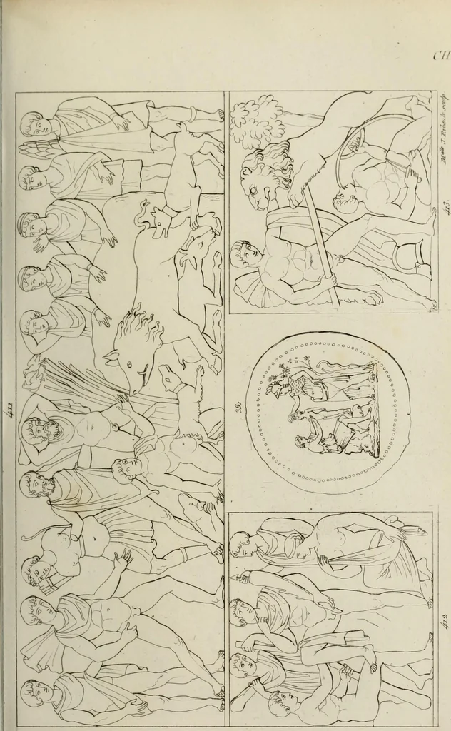 An illustration from Mythologische Gallerie; eine Sammlung von mehr als 750 antiken Denkmälern, Statuen, geschnittenen Steinen, Münzen und Gemälden, auf den 191 Original-Kupferblättern der französischen Ausg, 1848, leaf 216