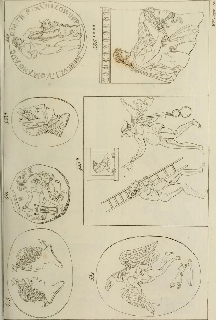 An illustration from Mythologische Gallerie; eine Sammlung von mehr als 750 antiken Denkmälern, Statuen, geschnittenen Steinen, Münzen und Gemälden, auf den 191 Original-Kupferblättern der französischen Ausg, 1848, leaf 228