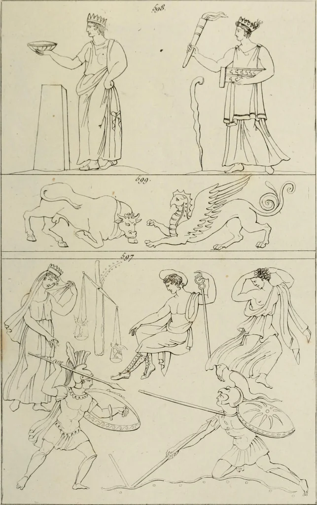 An illustration from Mythologische Gallerie; eine Sammlung von mehr als 750 antiken Denkmälern, Statuen, geschnittenen Steinen, Münzen und Gemälden, auf den 191 Original-Kupferblättern der französischen Ausg, 1848, leaf 346