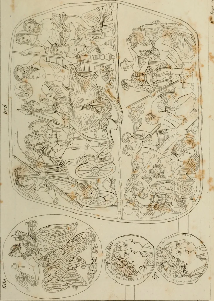An illustration from Mythologische Gallerie; eine Sammlung von mehr als 750 antiken Denkmälern, Statuen, geschnittenen Steinen, Münzen und Gemälden, auf den 191 Original-Kupferblättern der französischen Ausg, 1848, leaf 390