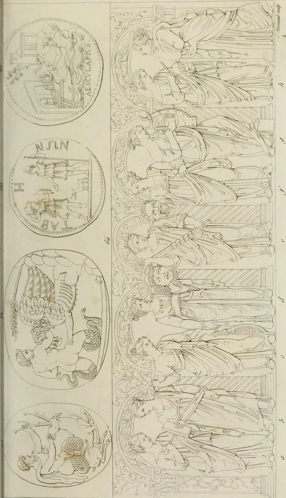 An illustration from Mythologische Gallerie; eine Sammlung von mehr als 750 antiken Denkmälern, Statuen, geschnittenen Steinen, Münzen und Gemälden, auf den 191 Original-Kupferblättern der französischen Ausg, 1848, leaf 52