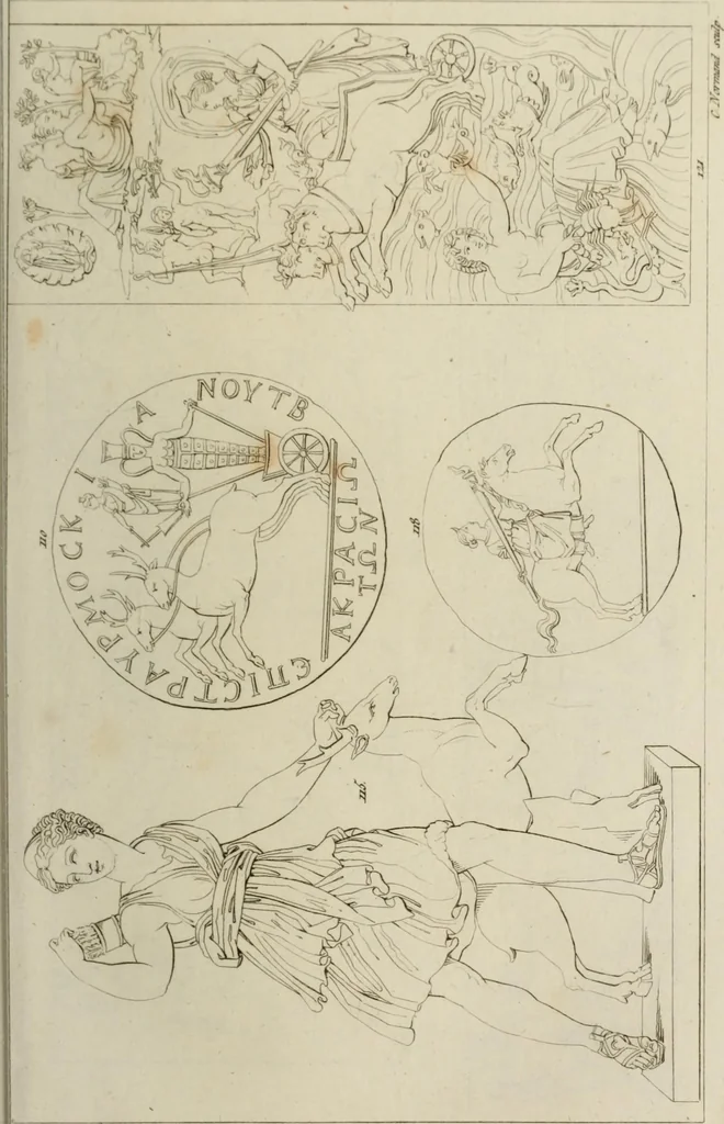 An illustration from Mythologische Gallerie; eine Sammlung von mehr als 750 antiken Denkmälern, Statuen, geschnittenen Steinen, Münzen und Gemälden, auf den 191 Original-Kupferblättern der französischen Ausg, 1848, leaf 80