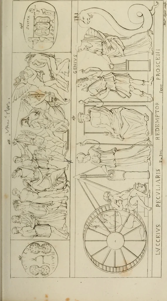 An illustration from Mythologische Gallerie; eine Sammlung von mehr als 750 antiken Denkmälern, Statuen, geschnittenen Steinen, Münzen und Gemälden, auf den 191 Original-Kupferblättern der französischen Ausg, 1848, leaf 88