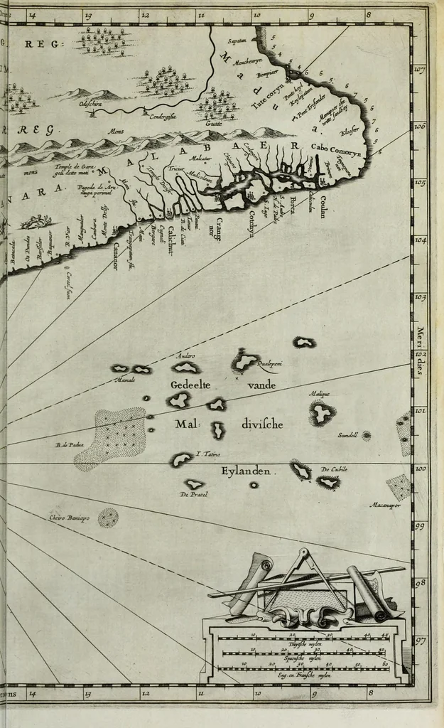 An illustration from Naauwkeurige beschryvinge van Malabar en Choromandel, der zelver aangrenzende ryken, en het machtige eyland Ceylon : nevens een omstandige en grondigh doorzochte ontdekking en wederlegginge van de afgoderye der Oost-Indische heydenen ..., 1672, leaf 21