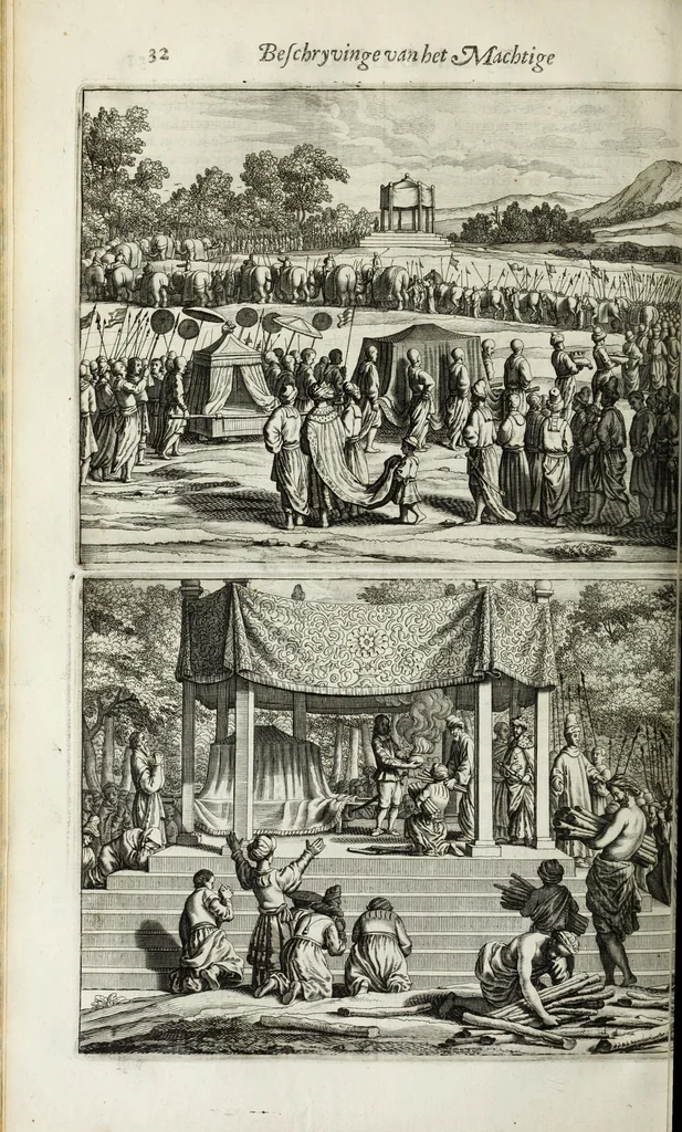 An illustration from Naauwkeurige beschryvinge van Malabar en Choromandel, der zelver aangrenzende ryken, en het machtige eyland Ceylon : nevens een omstandige en grondigh doorzochte ontdekking en wederlegginge van de afgoderye der Oost-Indische heydenen ..., 1672, leaf 326