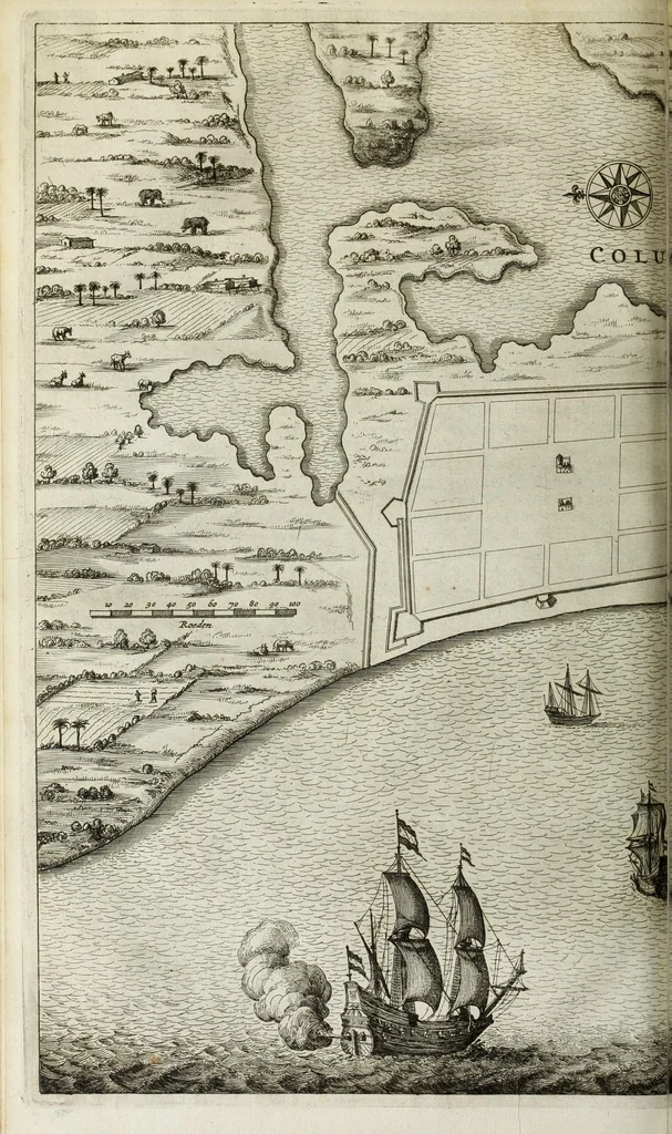 An illustration from Naauwkeurige beschryvinge van Malabar en Choromandel, der zelver aangrenzende ryken, en het machtige eyland Ceylon : nevens een omstandige en grondigh doorzochte ontdekking en wederlegginge van de afgoderye der Oost-Indische heydenen ..., 1672, leaf 446