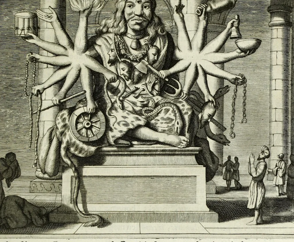 An illustration from Naauwkeurige beschryvinge van Malabar en Choromandel, der zelver aangrenzende ryken, en het machtige eyland Ceylon : nevens een omstandige en grondigh doorzochte ontdekking en wederlegginge van de afgoderye der Oost-Indische heydenen ..., 1672, leaf 613