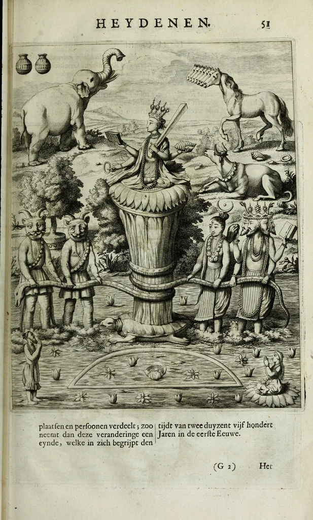 An illustration from Naauwkeurige beschryvinge van Malabar en Choromandel, der zelver aangrenzende ryken, en het machtige eyland Ceylon : nevens een omstandige en grondigh doorzochte ontdekking en wederlegginge van de afgoderye der Oost-Indische heydenen ..., 1672, leaf 653