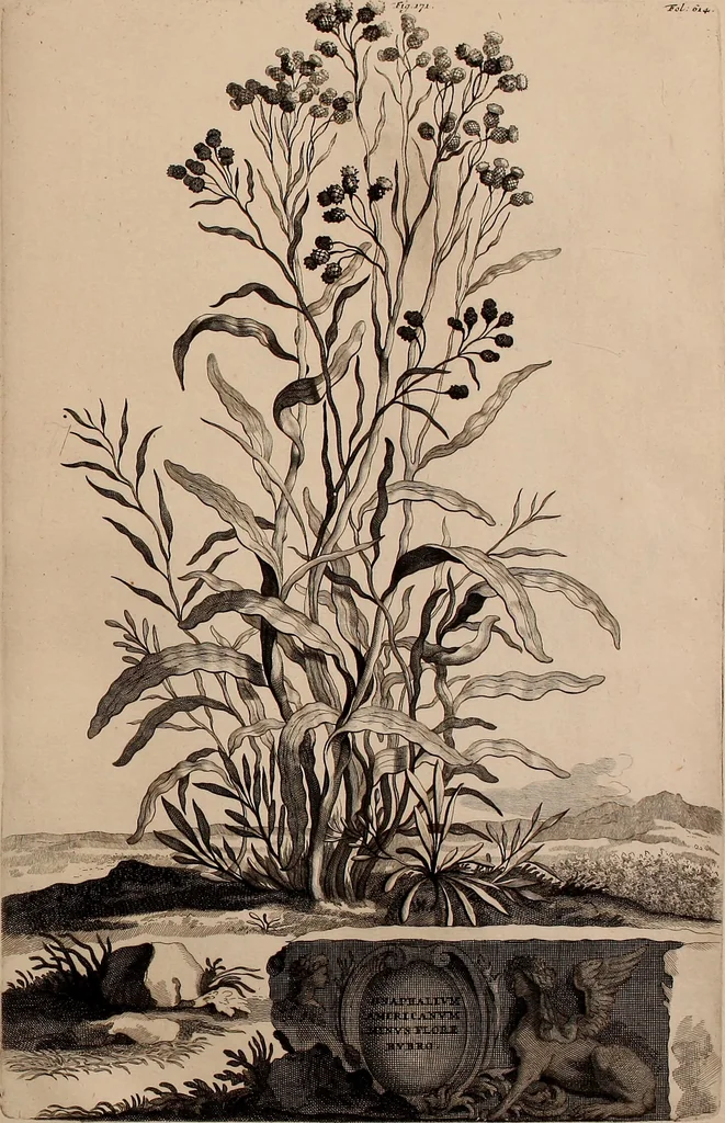 An illustration from Naauwkeurige beschryving der aardgewassen, waar in de veelerley aart en bijzondere eigenschappen der boomen, heesters, kruyden, bloemen, met haare vrugten, zaden, wortelen en bollen, neevens derzelver waare voort-teeling, gelukkige aanwinning, en heylzaame genees-krachten ... beschreeven worden;, 1696, leaf 690