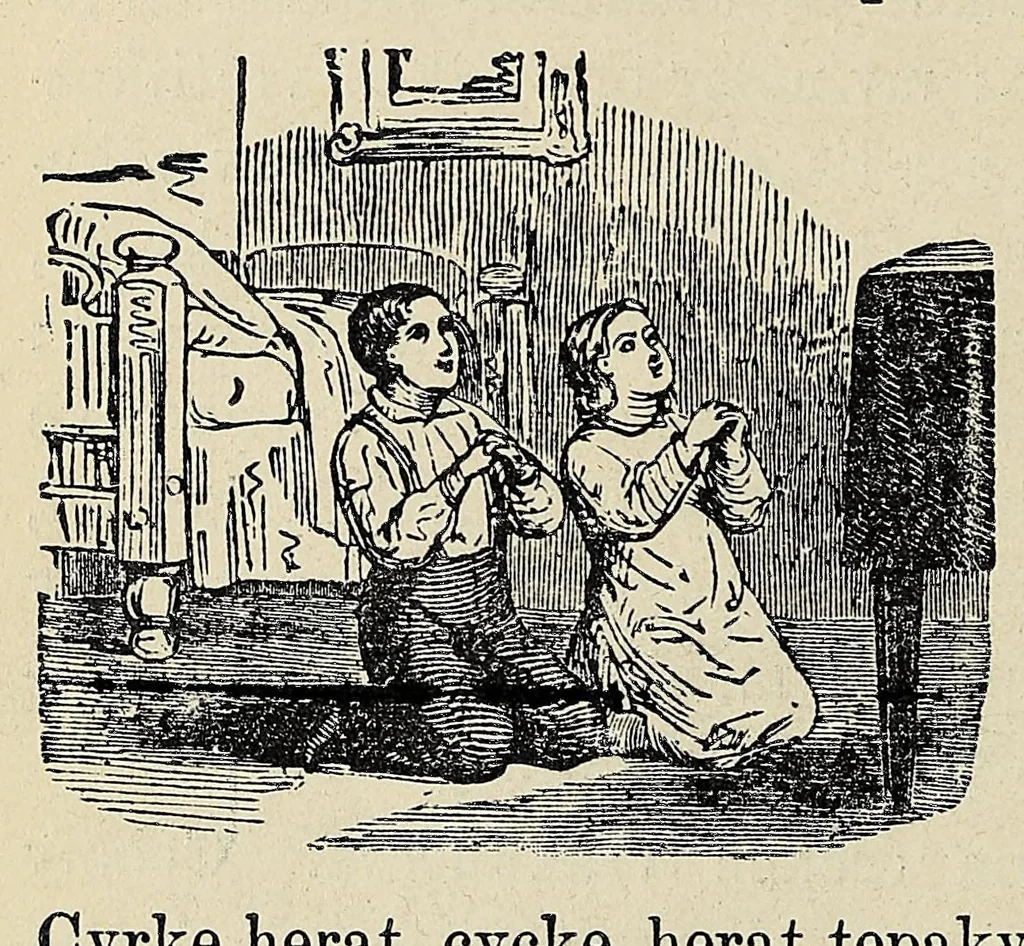 An illustration from Nakcokv es kerretv enhvteceskv. Muskokee or Creek first reader, 1875, leaf 46