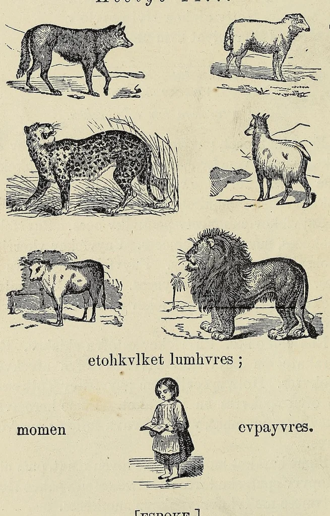 An illustration from Nakcokv es kerretv enhvteceskv. Muskokee or Creek first reader, 1875, leaf 54
