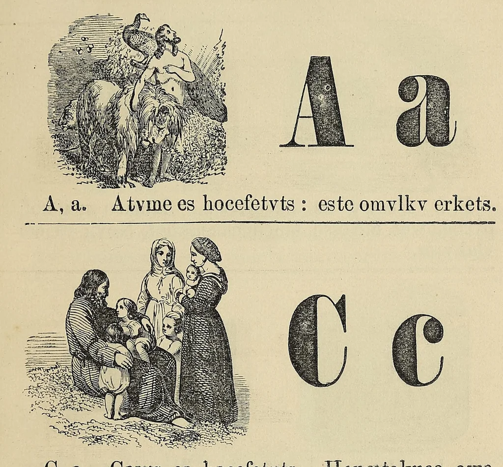 An illustration from Nakcokv es kerretv enhvtecskv = Muskokee or Creek first reader, 1882, leaf 21