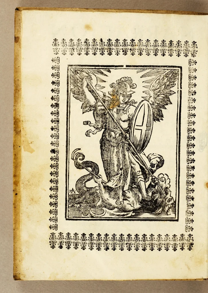 An illustration from Narracion de la maravillosa aparicion, que hizo el arcangel S. Miguela Diego Lazaro de S. Francisco, : indio feligres del pueblo de S. Bernardo, de la jurisdicion de Santa Maria Nativitas. Fundacion del Santuario, que llaman S. Miguel del Milagro; de la fuente milagrosa, que debaxo de vna peña mostrò el principe de los angeles; de los milagros, que ha hecho el agua bendita, y el barro amasado de dicha fuente en los que con fè, y devocion han usado de ellos para remedio de sus males., 1692, leaf 8