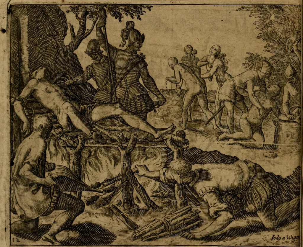 An illustration from Narratio regionum indicarum per Hispanos quosdam devastatarum verissima, 1614, leaf 27