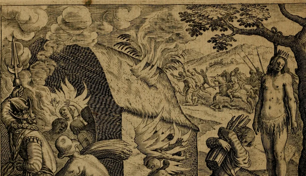 An illustration from Narratio regionum indicarum per Hispanos quosdam devastatarum verissima, 1614, leaf 31