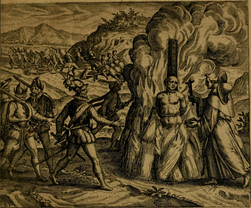 An illustration from Narratio regionum indicarum per Hispanos quosdam devastatarum verissima, 1614, leaf 36