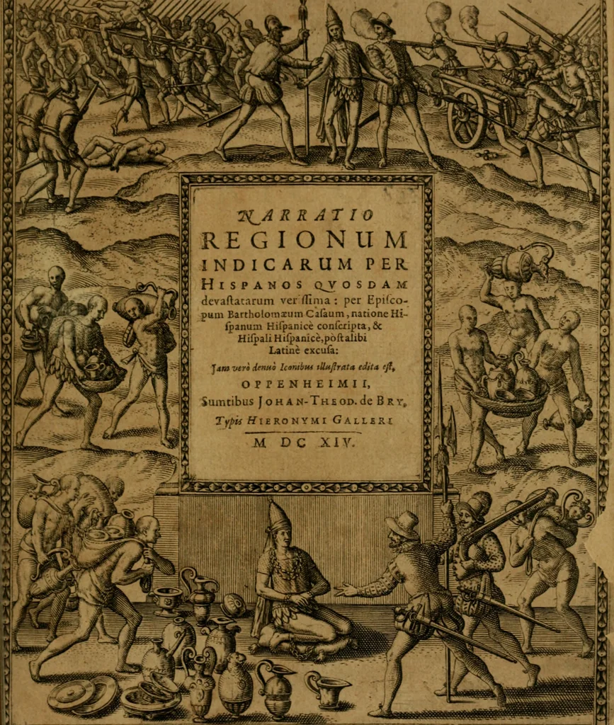 An illustration from Narratio regionum indicarum per Hispanos quosdam devastatarum verissima, 1614, leaf 4