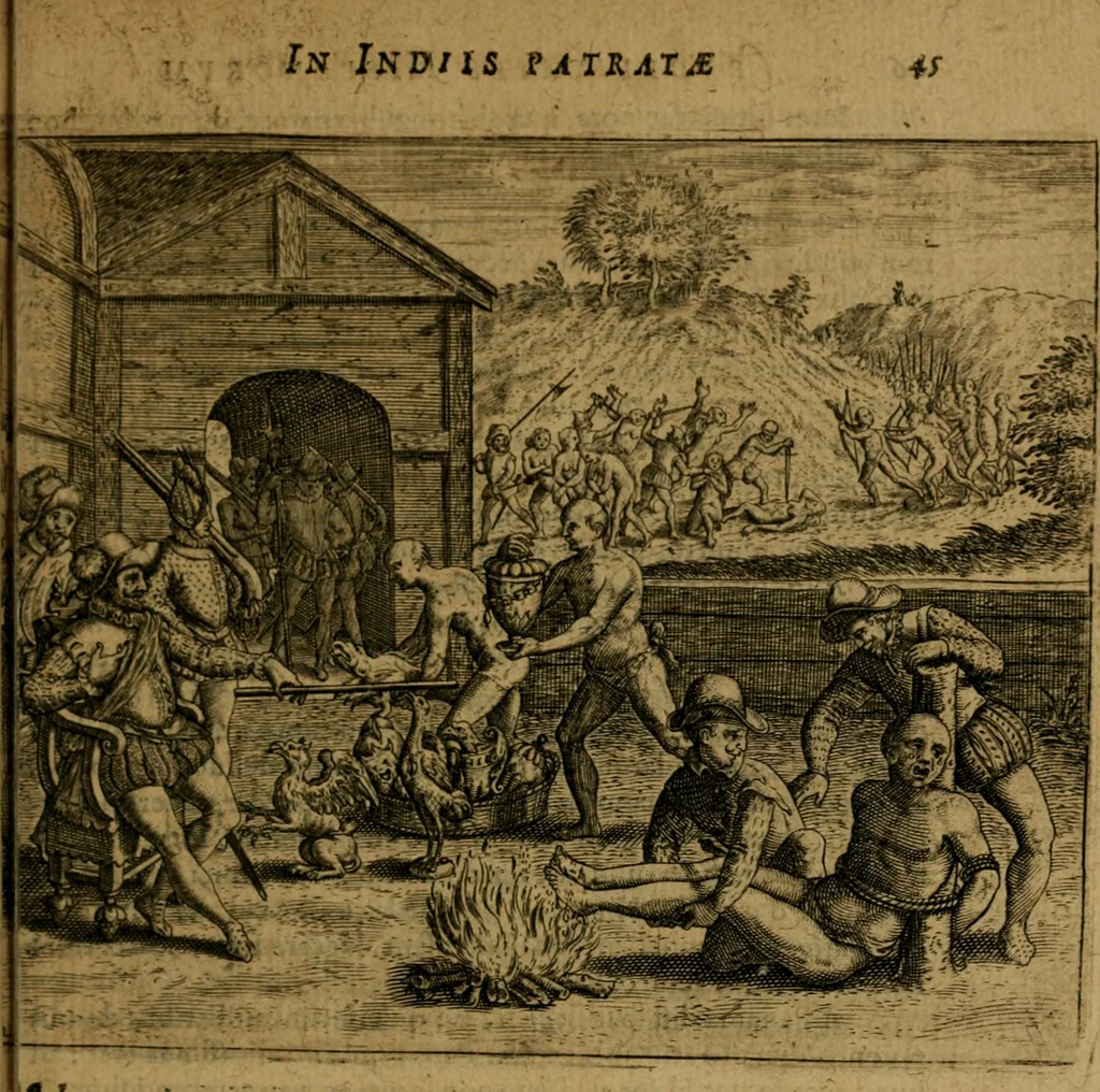 An illustration from Narratio regionum indicarum per Hispanos quosdam devastatarum verissima, 1614, leaf 40