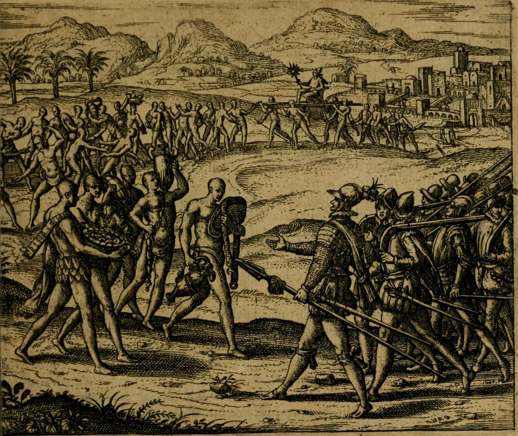 An illustration from Narratio regionum indicarum per Hispanos quosdam devastatarum verissima, 1614, leaf 48