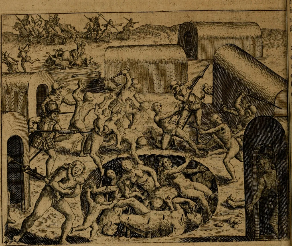 An illustration from Narratio regionum indicarum per Hispanos quosdam devastatarum verissima, 1614, leaf 55