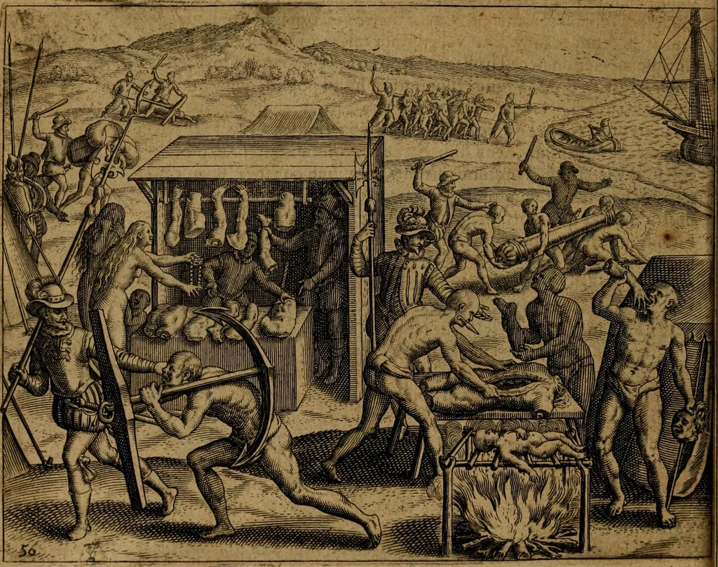 An illustration from Narratio regionum indicarum per Hispanos quosdam devastatarum verissima, 1614, leaf 57