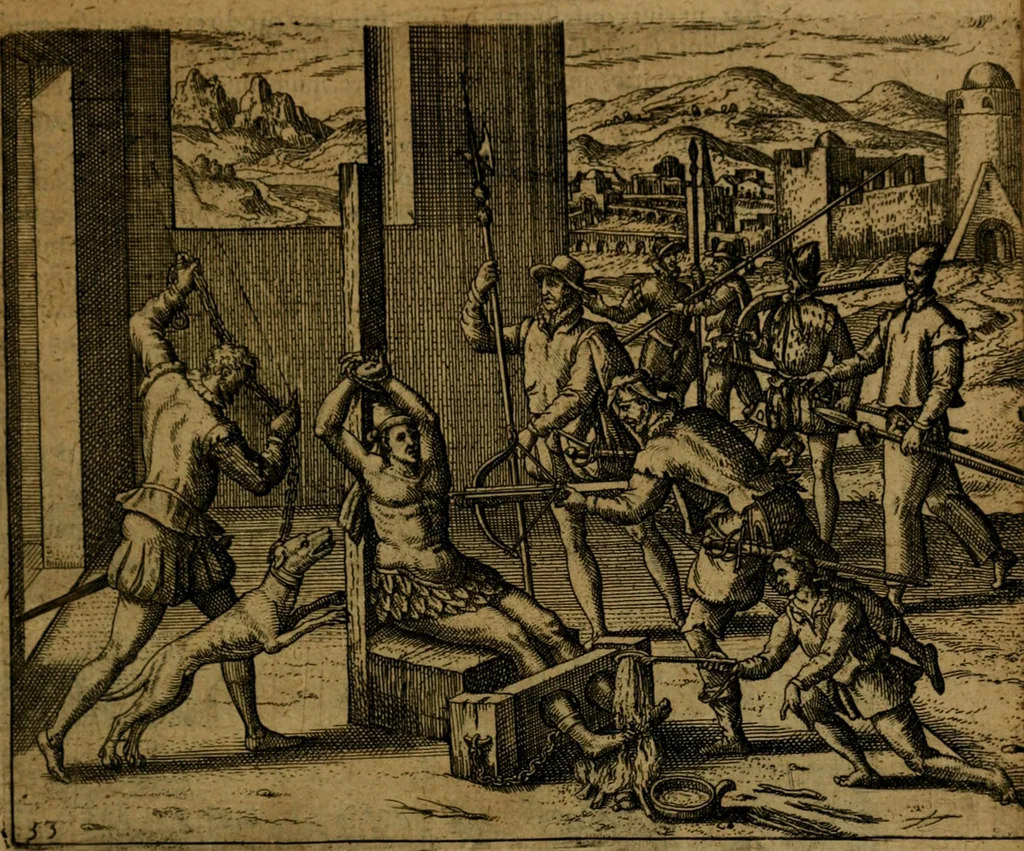 An illustration from Narratio regionum indicarum per Hispanos quosdam devastatarum verissima, 1614, leaf 60